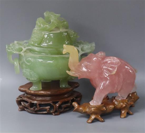 A Chinese hardstone koro and cover and a hardstone elephant